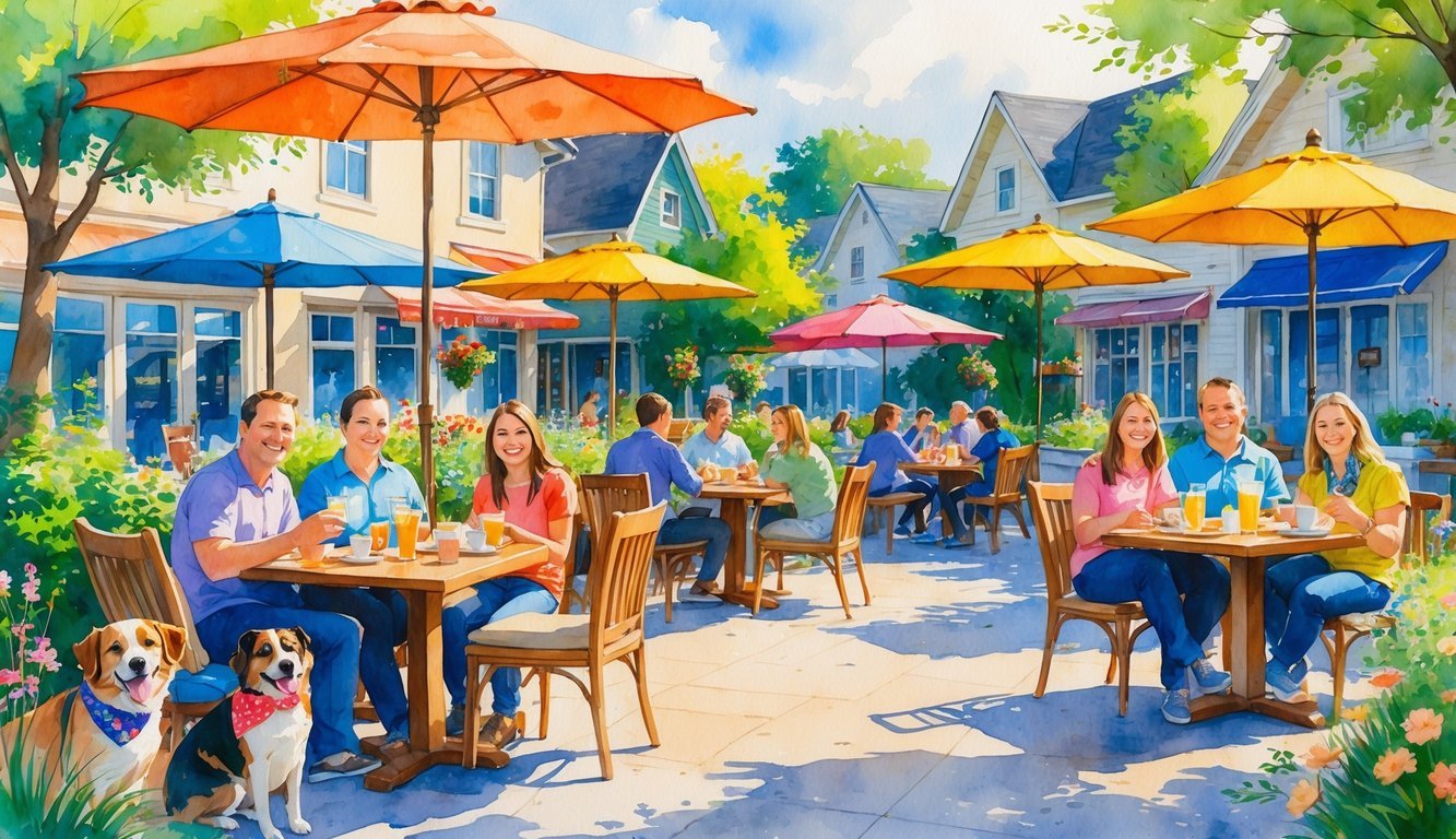 Outdoor restaurant patio with people eating and dogs sitting beside them, surrounded by plants and buildings.