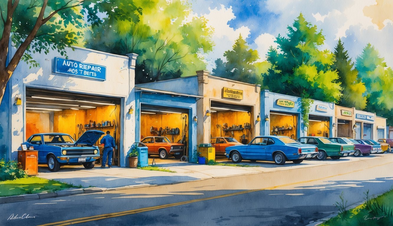 A street with several auto repair shops, mechanics working on cars, and trees in the background.