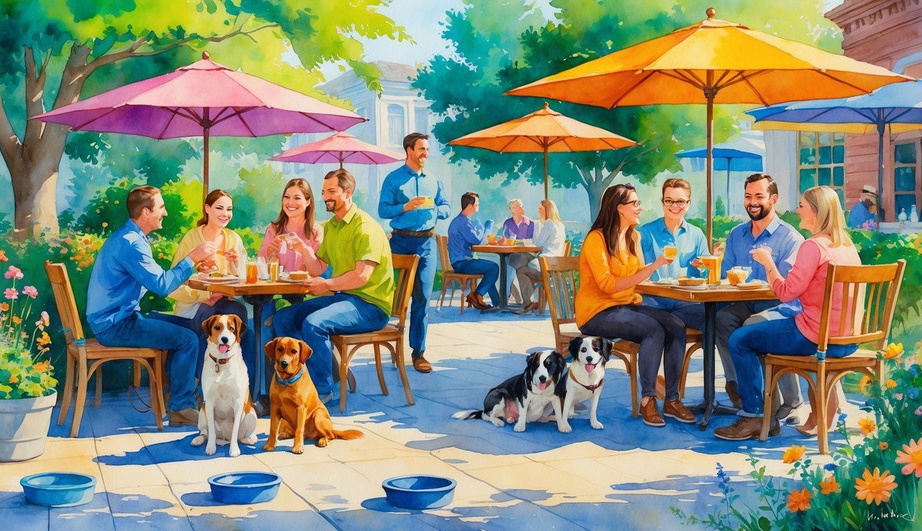 People dining outdoors at a restaurant patio with several dogs sitting calmly beside them, surrounded by trees and plants.