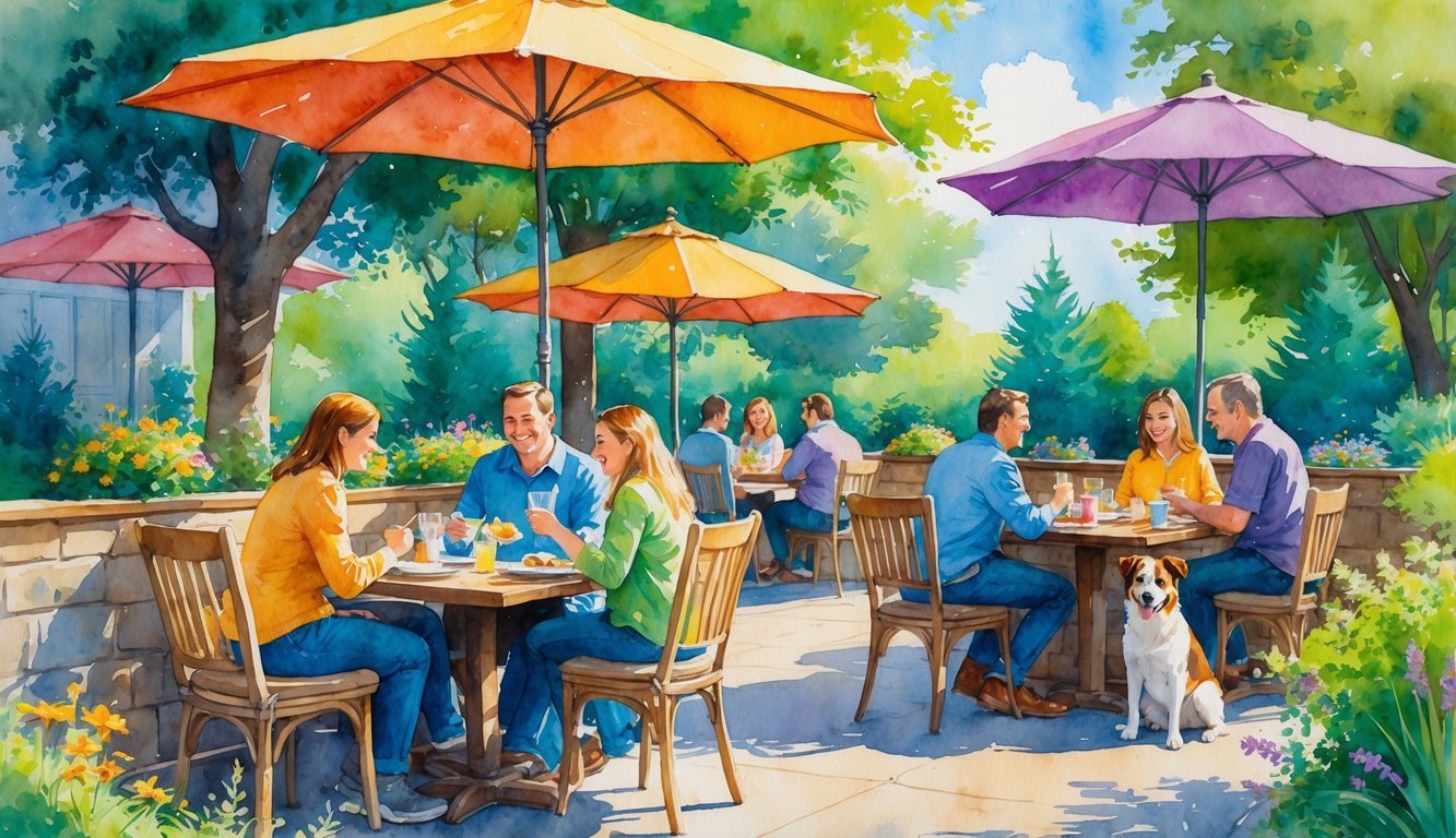 People dining outdoors at a restaurant patio with dogs sitting beside them, surrounded by trees and plants.