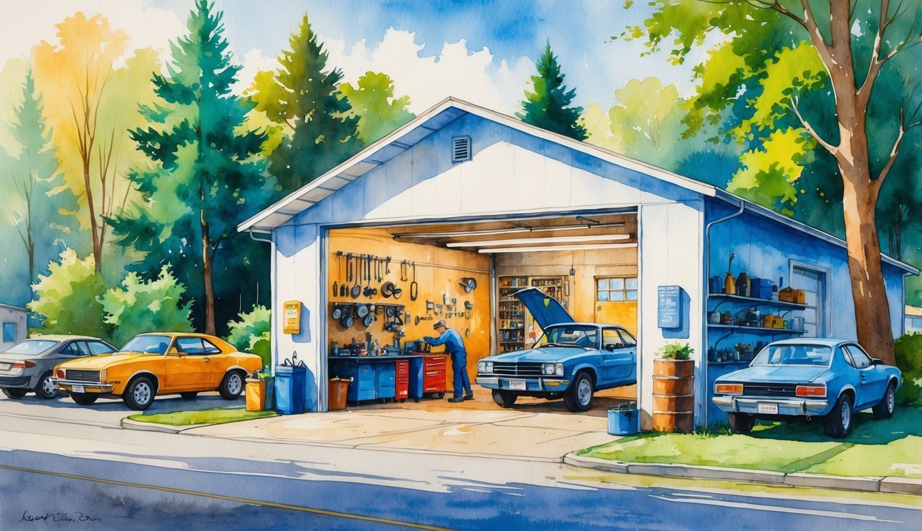 A mechanic working on a car inside an open auto repair shop with tools on the walls and trees outside under a clear sky.