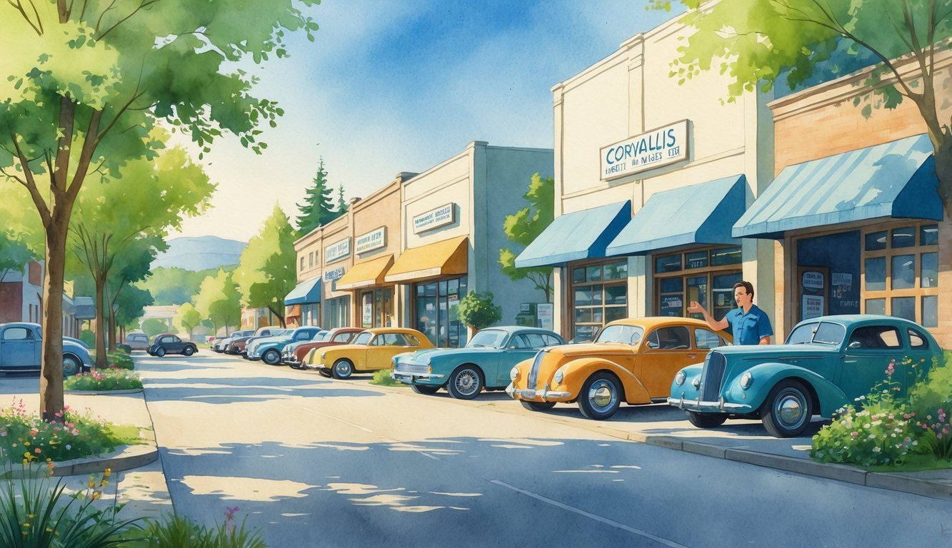 A street in Corvallis, Oregon, showing auto repair shops with cars parked outside, a mechanic greeting a customer, and trees lining the sidewalk.