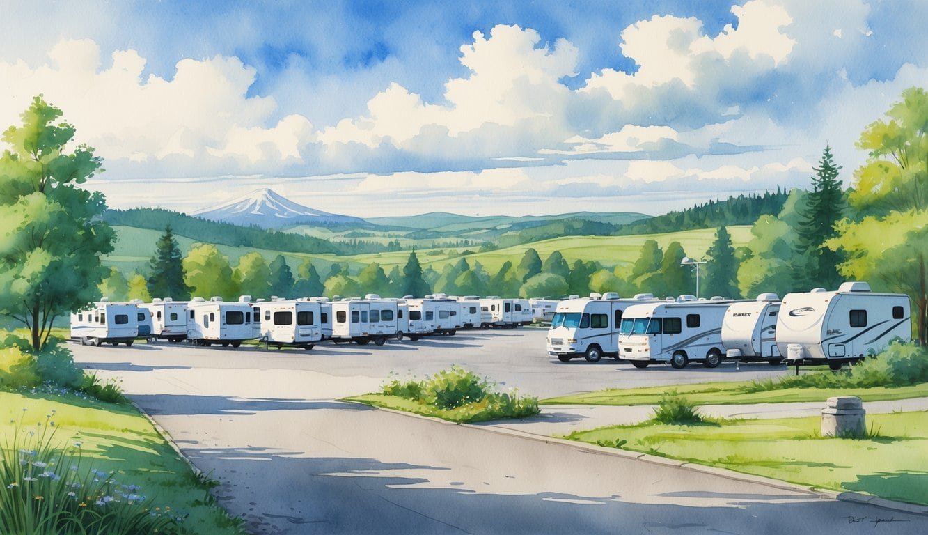 A peaceful outdoor scene showing an RV dealership lot with various recreational vehicles, surrounded by green trees and hills near Corvallis, Oregon.