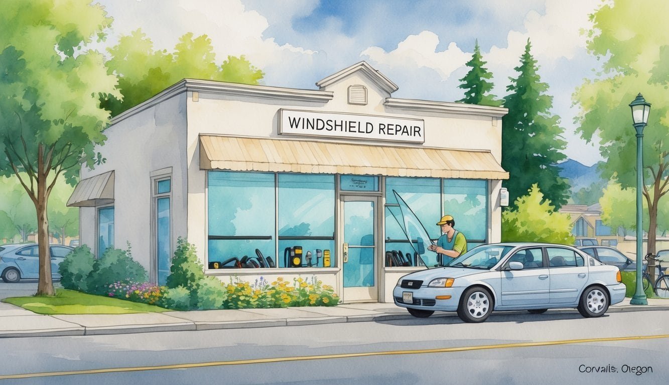 A quiet street in Corvallis, Oregon, showing a windshield repair shop with a technician fixing a car windshield, surrounded by trees, flowers, and parked cars.