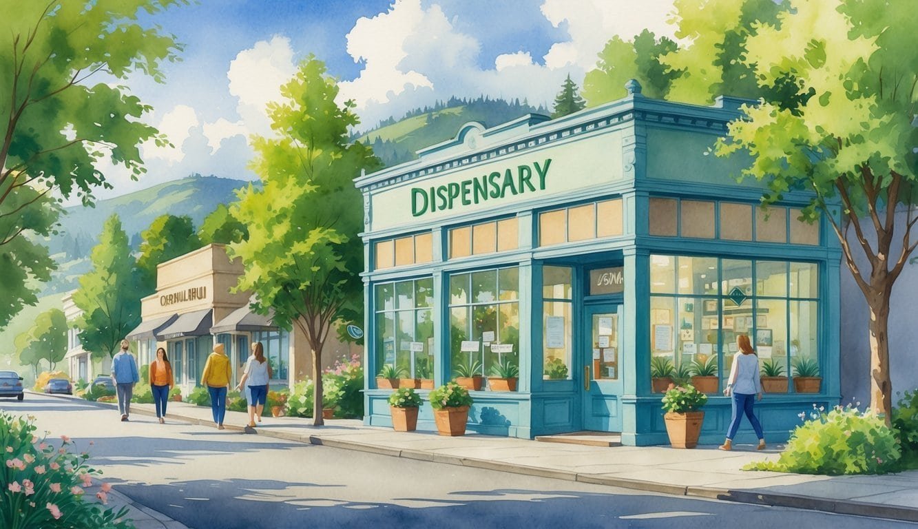 A street scene in Corvallis, Oregon, showing a small dispensary storefront surrounded by trees and hills, with people walking along the sidewalk.