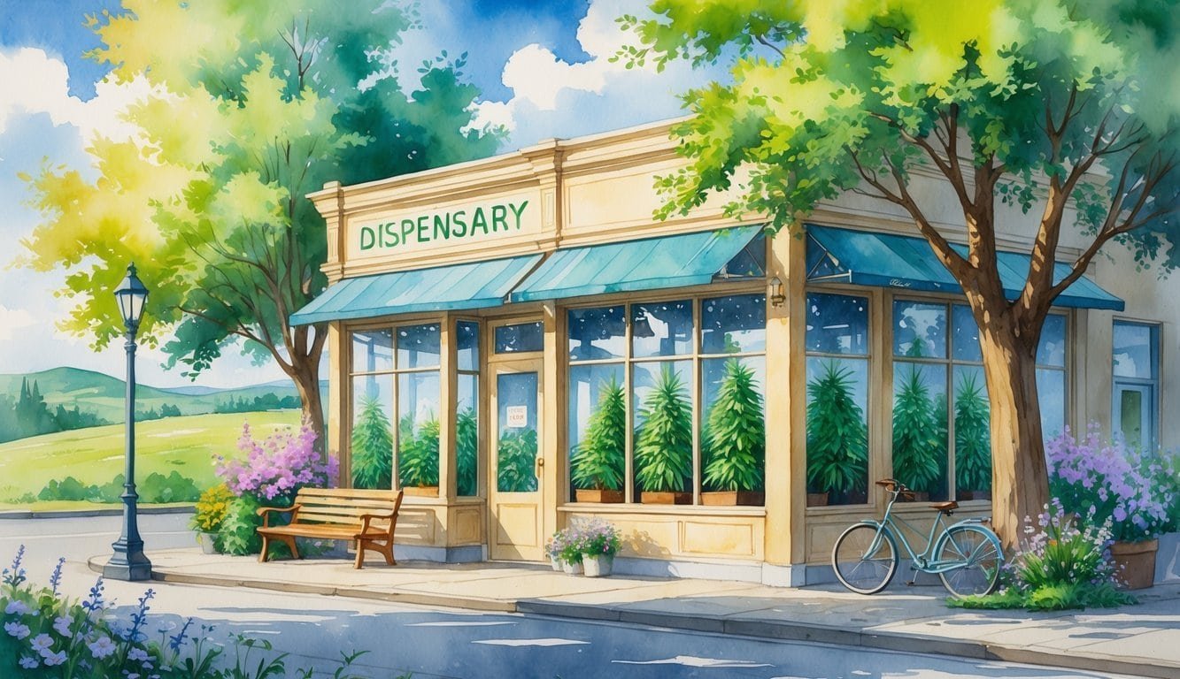 A peaceful street scene in Corvallis with a dispensary storefront, flowers, trees, a bench, and a bicycle under a clear sky.