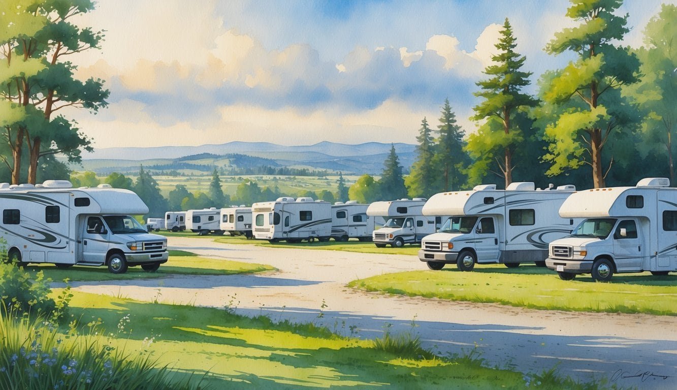 A peaceful outdoor scene showing several RVs parked near greenery, with hills and trees in the background.