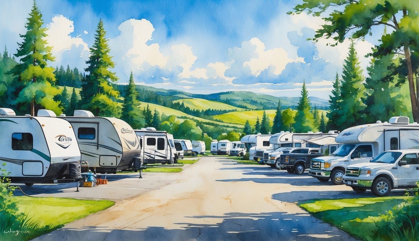 A peaceful outdoor scene showing RVs parked in a lot near trees and hills, with technicians working on the vehicles.