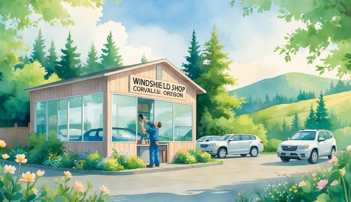 A small windshield repair shop in a green, tree-filled area with a technician fixing a car windshield and several cars parked nearby.