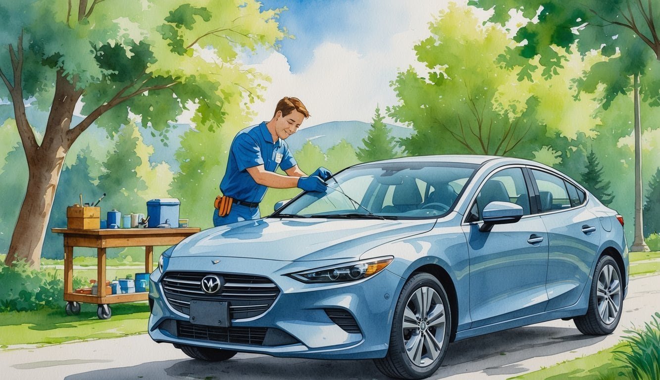 A technician repairing a car windshield outdoors with trees and a town landscape in the background.