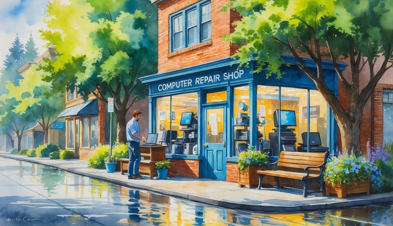 A street scene in Corvallis, Oregon, showing a computer repair shop with a technician helping a customer outside, surrounded by trees and nearby buildings.