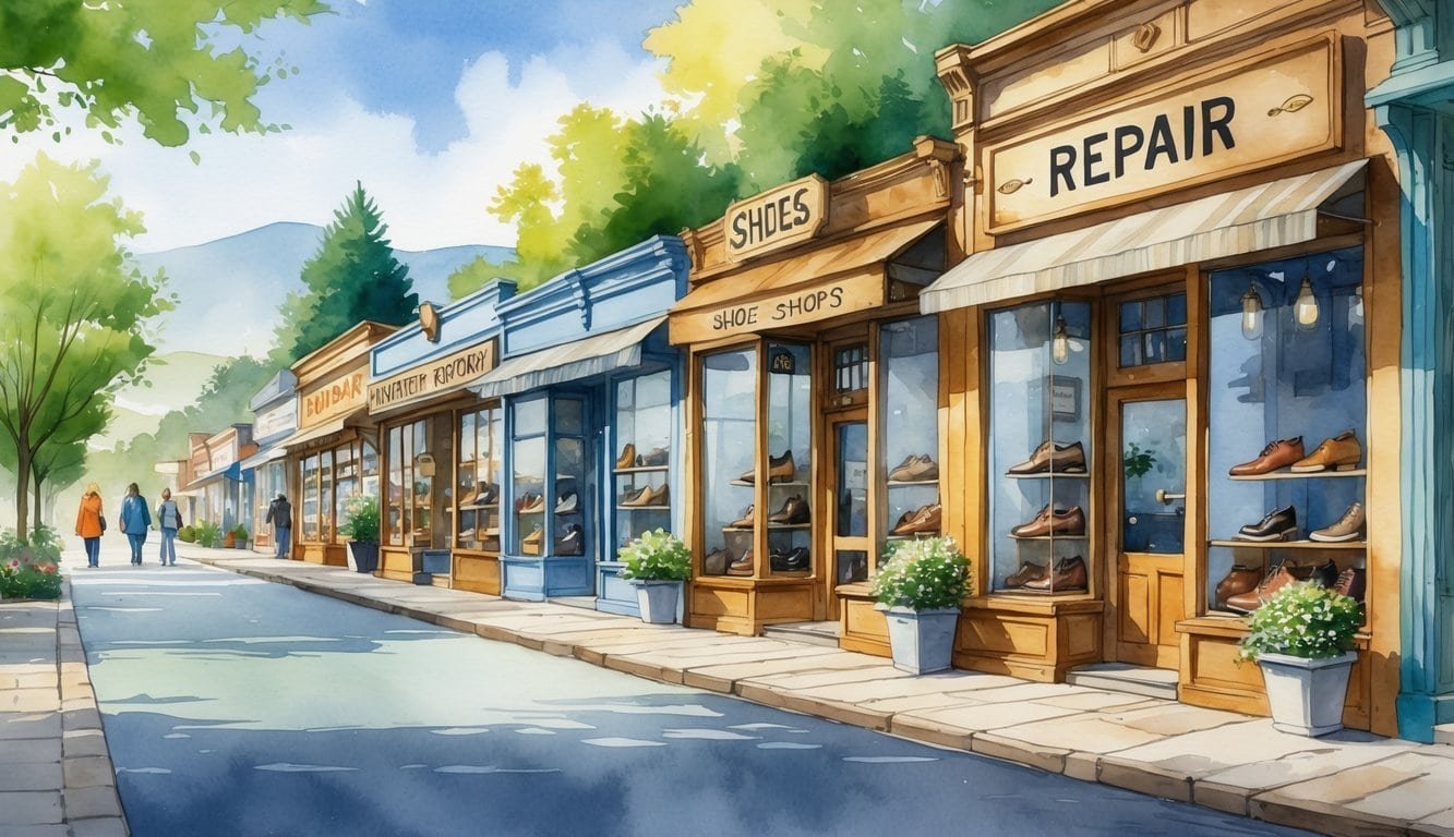 A street with small shoe repair shops, pedestrians, trees, and hills in the background.