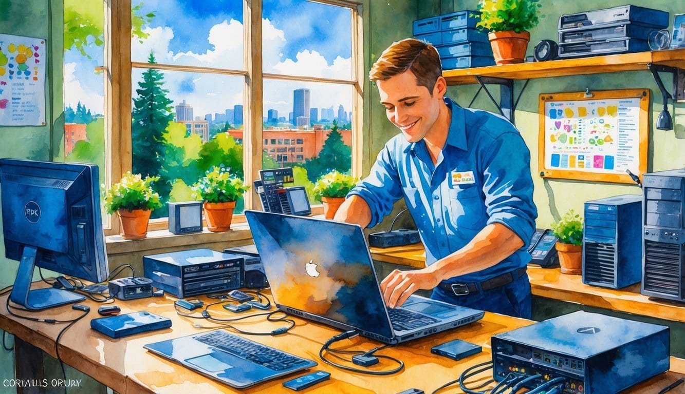 A computer technician working on a laptop inside a repair shop with computer parts on the table and a window showing trees and buildings outside.