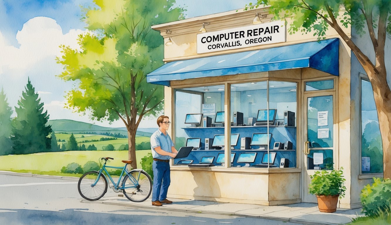 A small computer repair shop with a technician helping a customer outside, surrounded by trees and hills.