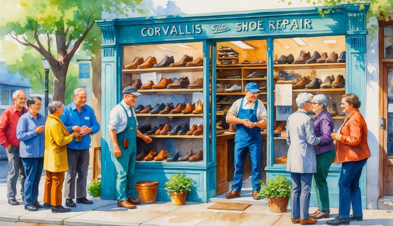 A shoe repair shop on a downtown street with a cobbler working inside and community members interacting outside.