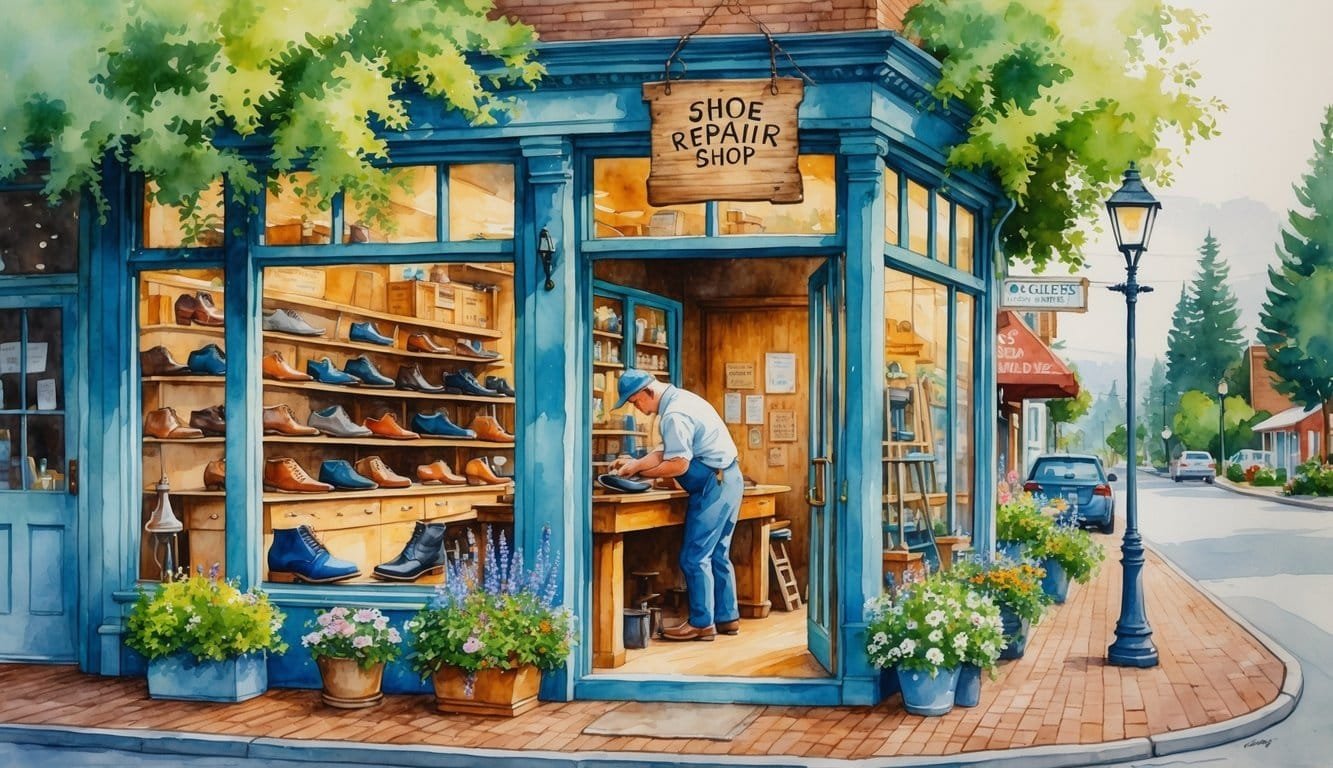 A small shoe repair shop in a town with a cobbler fixing shoes inside and various shoes displayed outside, surrounded by trees and a quiet street.