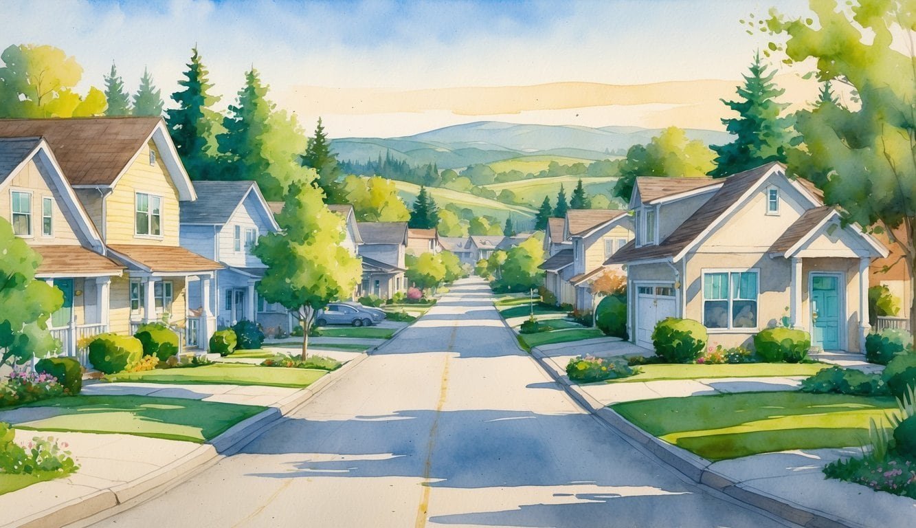 A peaceful neighborhood with several houses, trees, and hills in the background under a clear sky.
