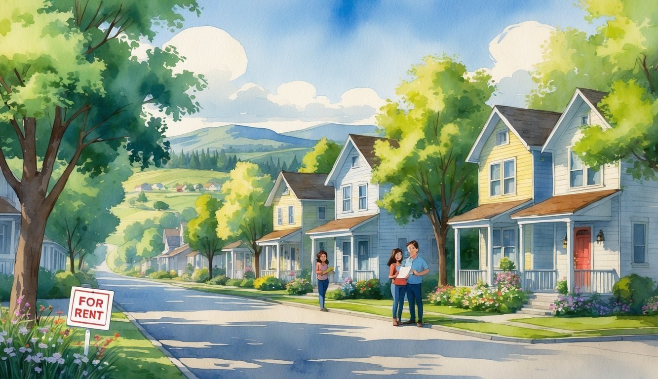 A neighborhood scene with houses, trees, a rental agent talking to renters, and hills in the background.
