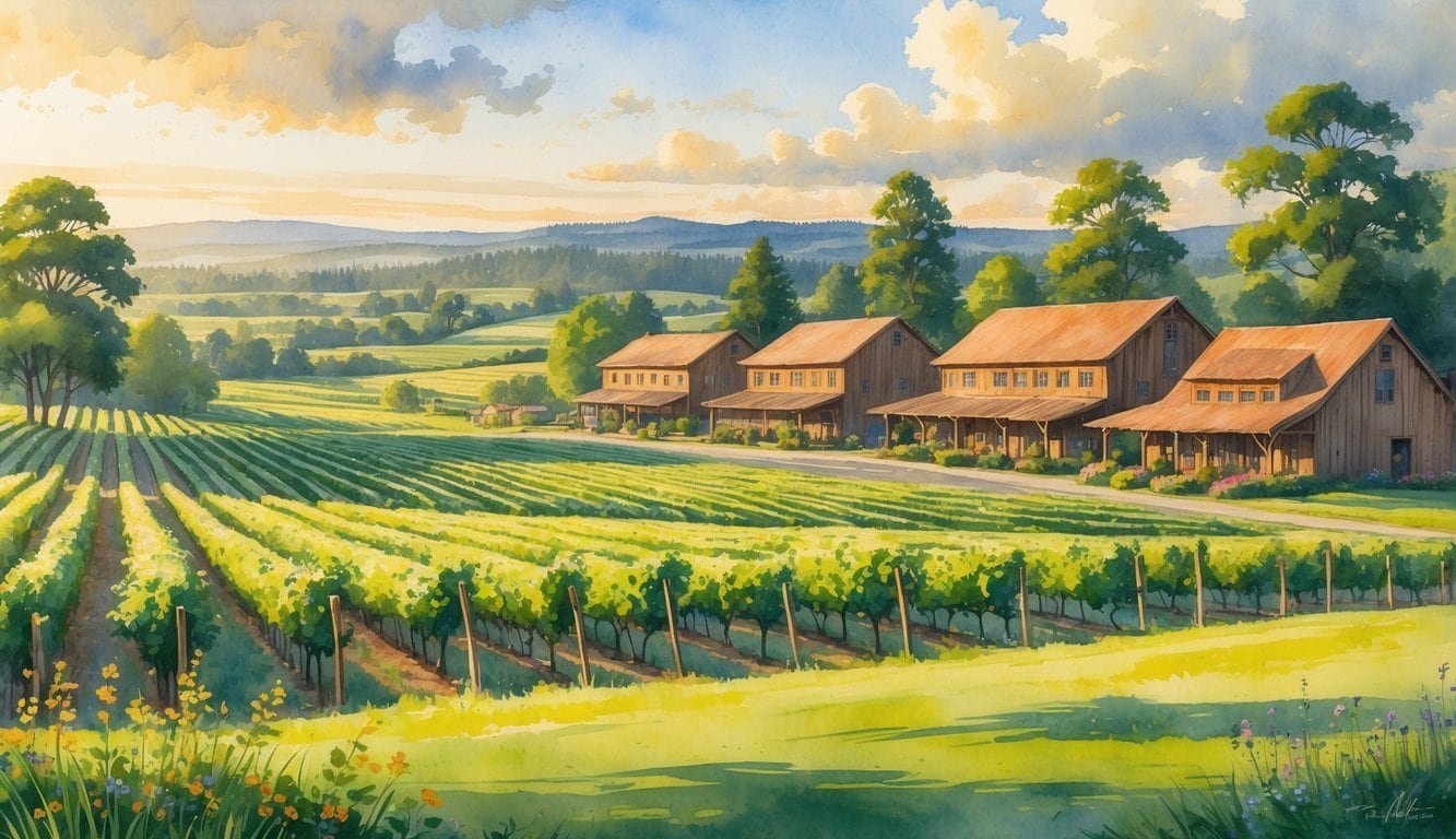 A peaceful valley with rows of grapevines, winery buildings, trees, and distant mountains under a partly cloudy sky.