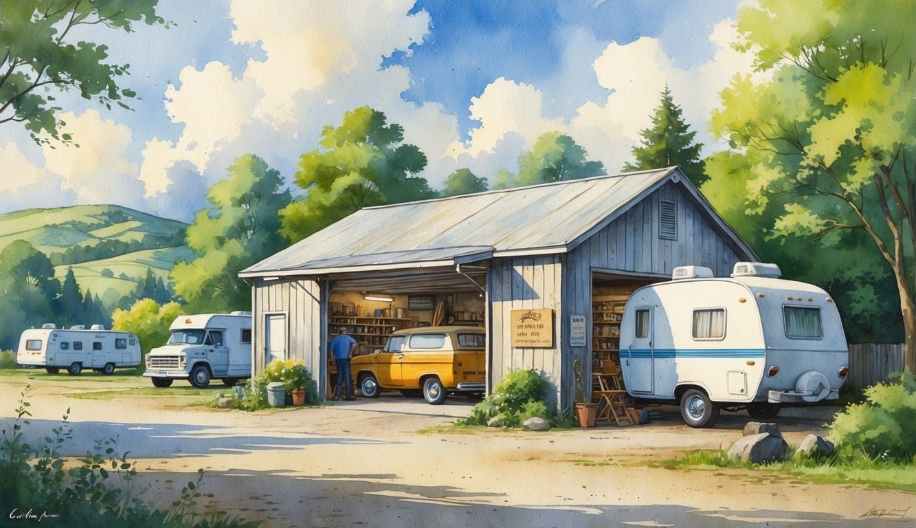 A small RV repair shop with a mechanic working on an RV, surrounded by trees and hills in a quiet outdoor setting.