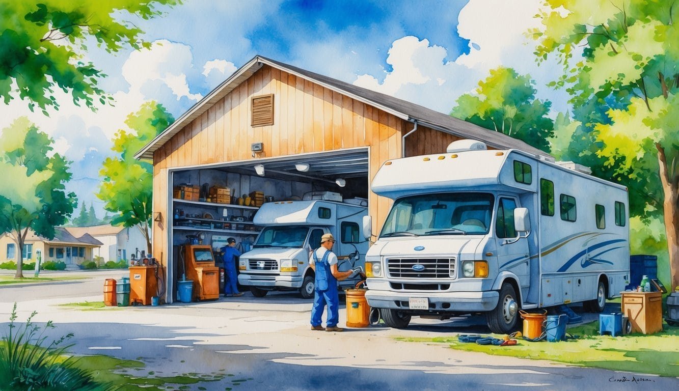 A repair shop with mechanics working on a large RV surrounded by trees and a clear sky in a small town.