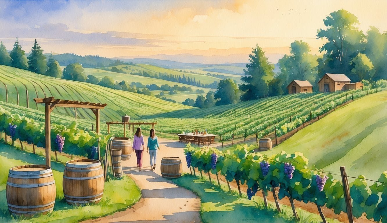 A peaceful vineyard landscape with rolling hills, grapevines, wooden barrels, and people walking among the vines near Corvallis.