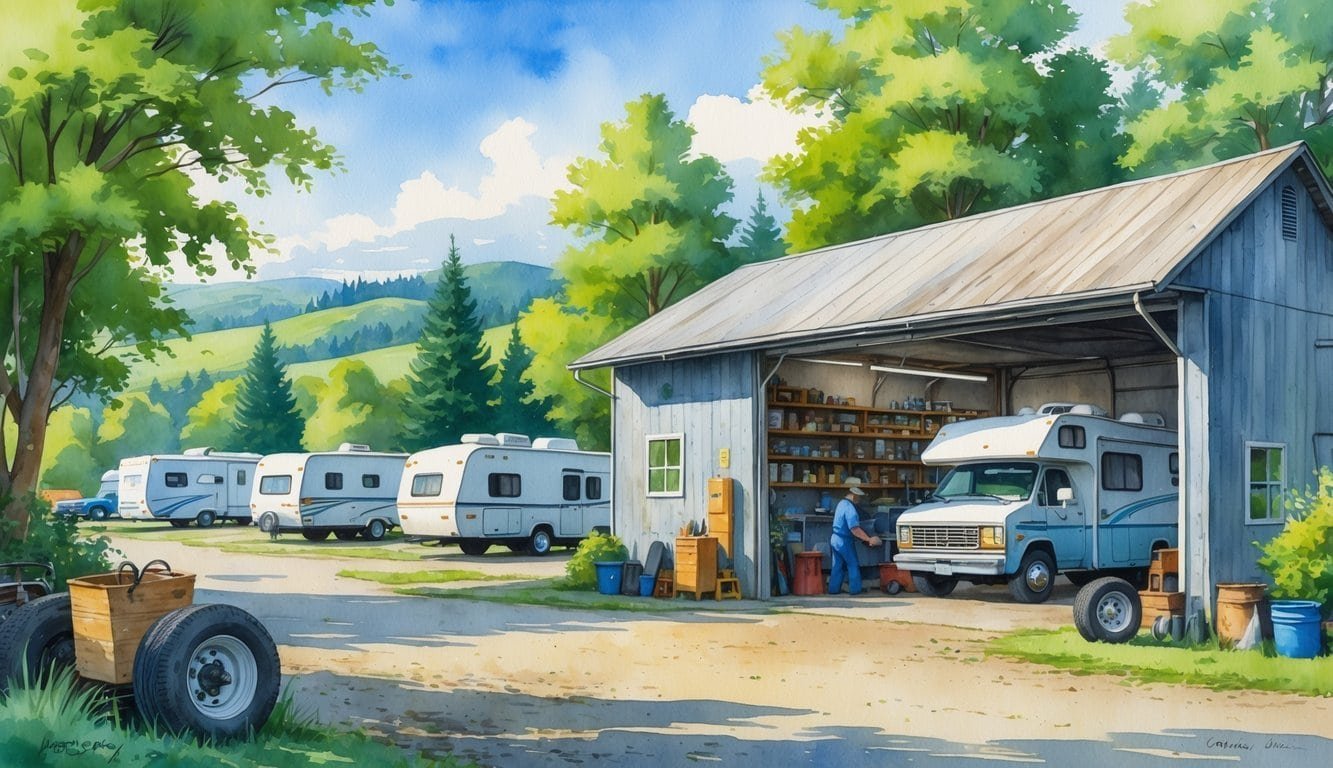 A small RV repair shop with a mechanic working on an RV, surrounded by trees and hills under a clear sky.