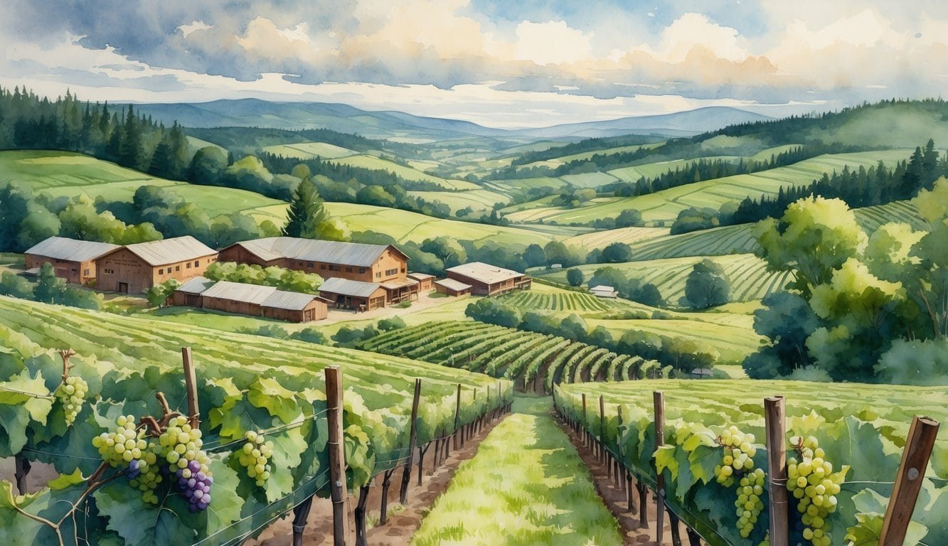 A landscape of vineyards with grapevines, winery buildings, rolling hills, forests, and distant mountains near a river.